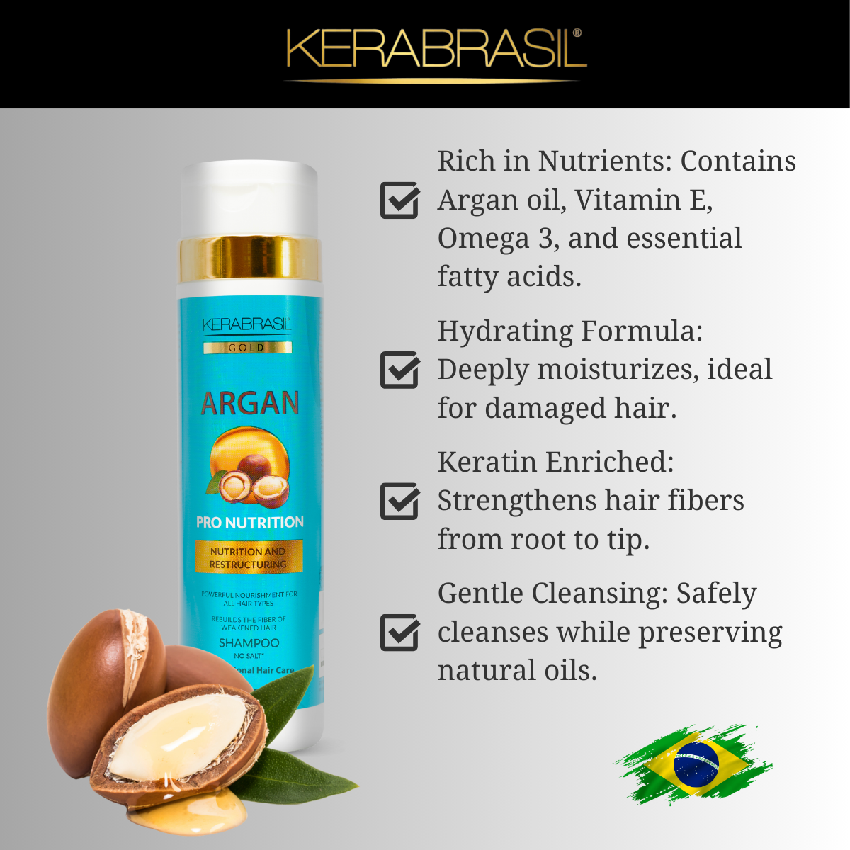 KERABRASIL Argan Oil Nourishing Shampoo - 300ml - Revitalizing Hair Care