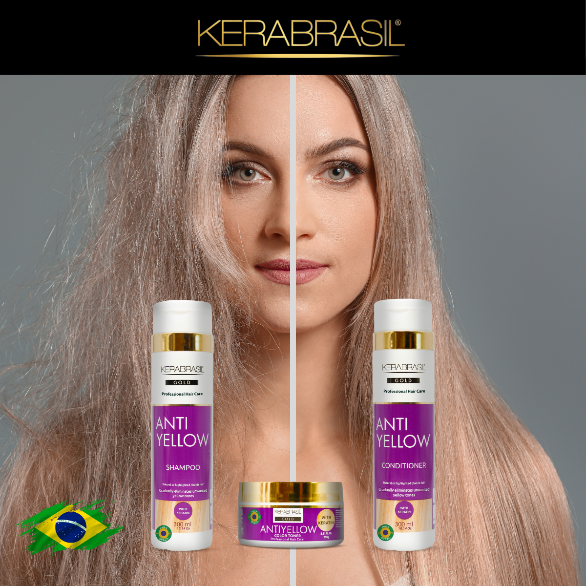 KERABRASIL Antiyellow Hair Care Bundle - 300ml Shampoo & Conditioner, 250g Treatment Cream