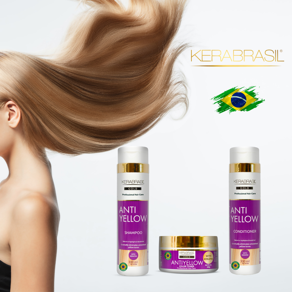 KERABRASIL Antiyellow Hair Care Bundle - 300ml Shampoo & Conditioner, 250g Treatment Cream