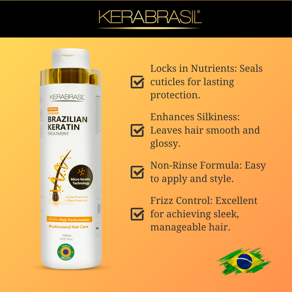 KERABRASIL Brazilian Keratin Hair Care Set - 1L Shampoo, 1L Treatment Cream, 1L Finisher - Complete Smoothing System