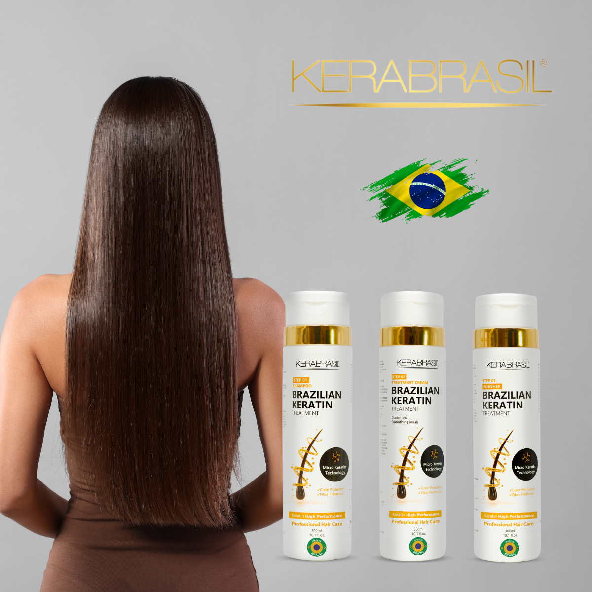 KERABRASIL Brazilian Keratin Hair Care Set - 300ml Shampoo, 300ml Treatment Cream, 300ml Finisher - Complete Smoothing System