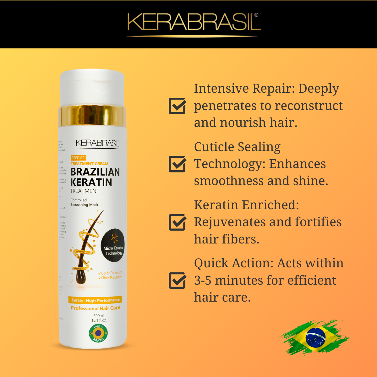 KERABRASIL Brazilian Keratin Hair Care Set - 300ml Shampoo, 300ml Treatment Cream, 300ml Finisher - Complete Smoothing System