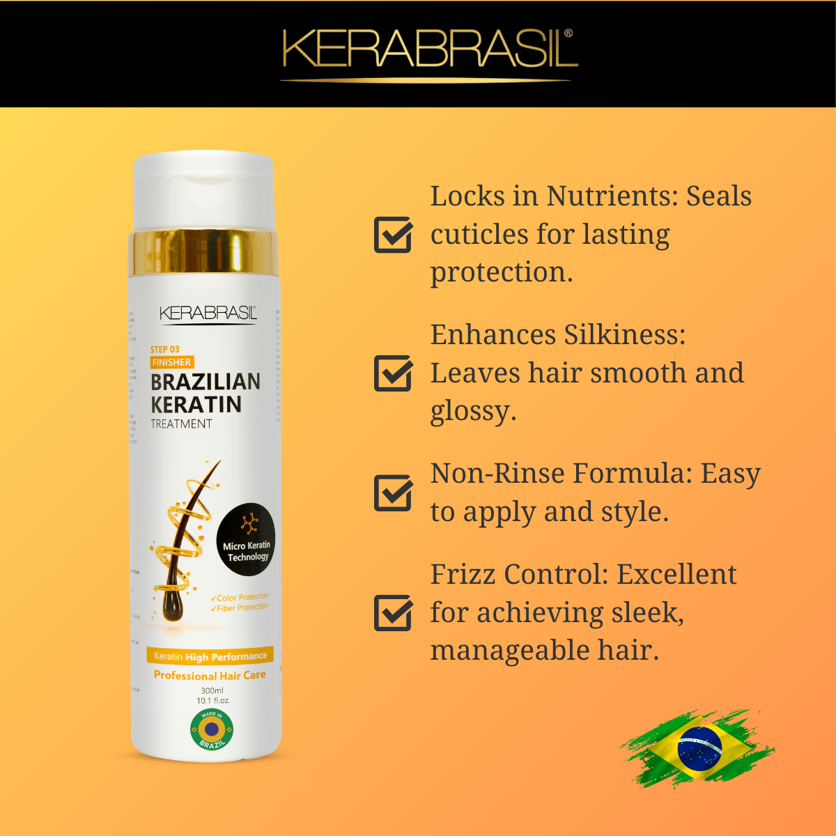 KERABRASIL Brazilian Keratin Hair Care Set - 300ml Shampoo, 300ml Treatment Cream, 300ml Finisher - Complete Smoothing System