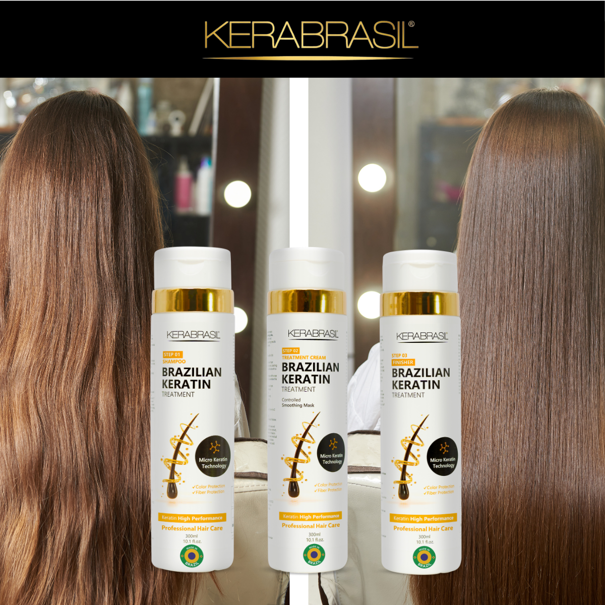 KERABRASIL Brazilian Keratin Hair Care Set - 300ml Shampoo, 300ml Treatment Cream, 300ml Finisher - Complete Smoothing System