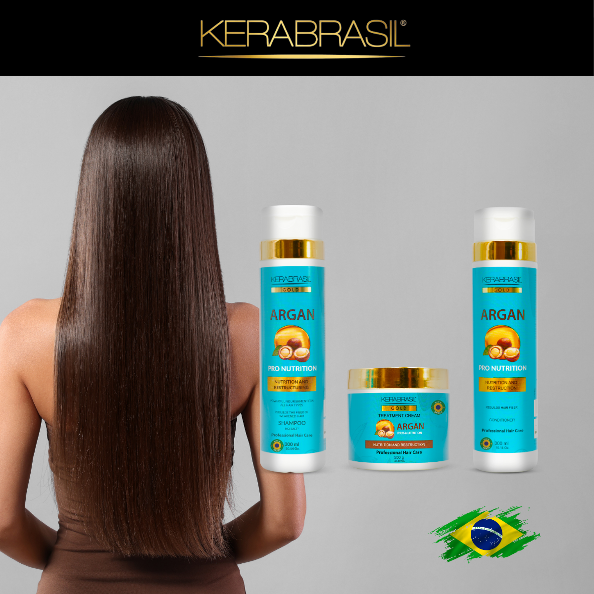 KERABRASIL Argan Oil Hair Care Bundle - 300ml Shampoo & Conditioner, 500g Treatment