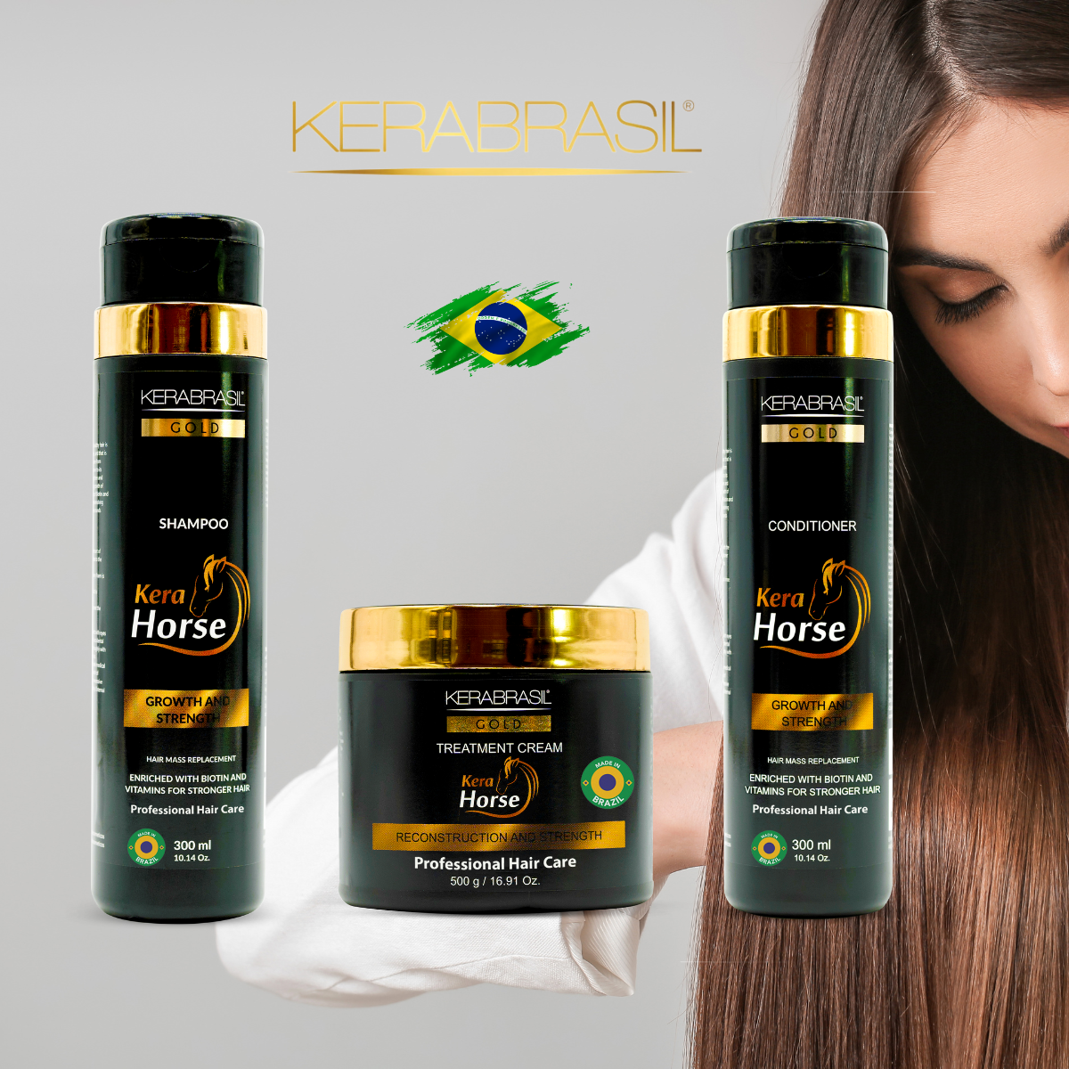 KERABRASIL Kerahorse Full Repair Bundle - 300ml Shampoo & Conditioner, 500g Treatment