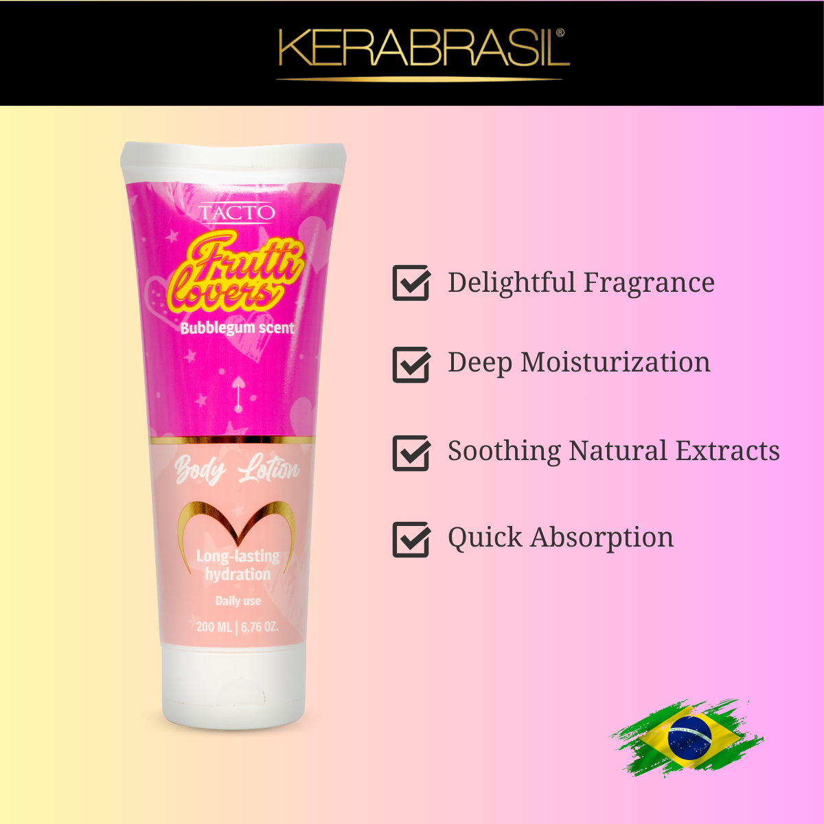 Kerabrasil Frutti Lovers Bubblegum Scented Body Lotion - Deep Hydration, Soft Skin, 6.76 oz