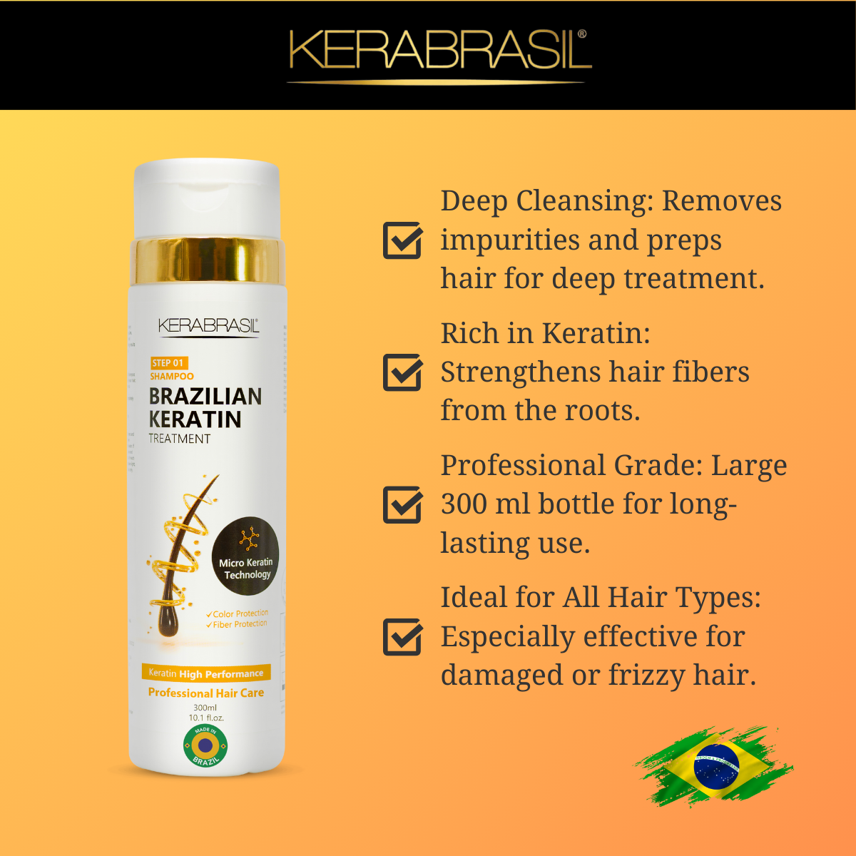 KERABRASIL Brazilian Keratin Shampoo 300ml - Smooth & Strengthen Hair Formula