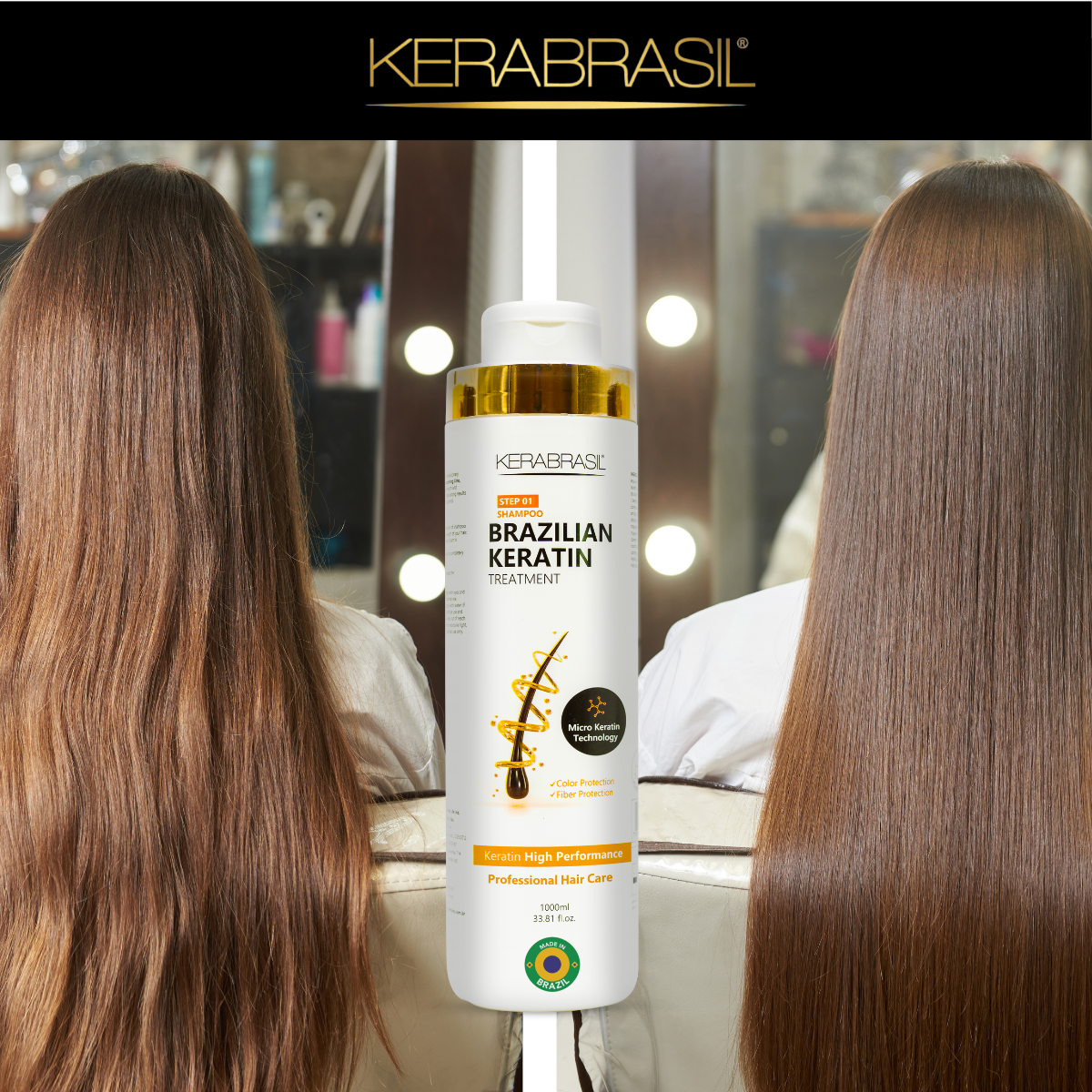 KERABRASIL Brazilian Keratin Shampoo 1L bottle with Micro Keratin Technology for professional hair care.