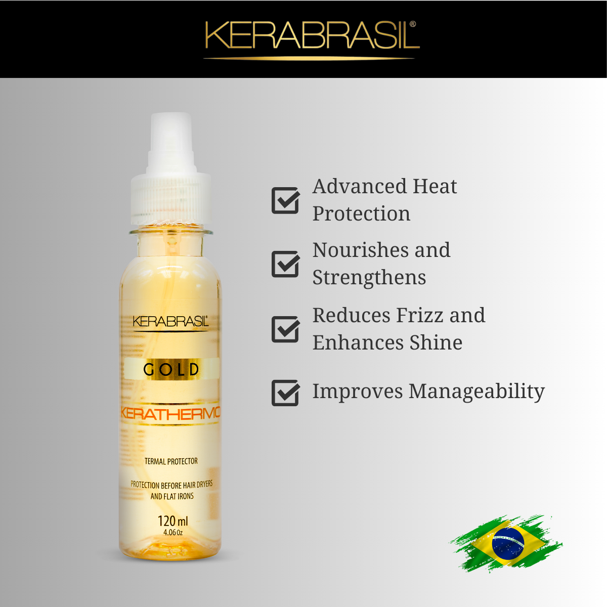 KERABRASIL Kerathermo Gold Thermal Protector - 4.06 oz (120ml) - Heat Defense, Shine, and Frizz Control