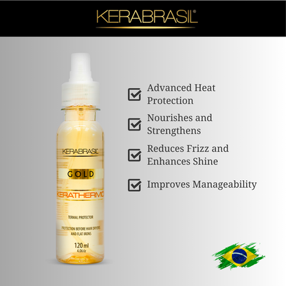 KERABRASIL Kerathermo Gold Thermal Protector - 4.06 oz (120ml) - Heat Defense, Shine, and Frizz Control